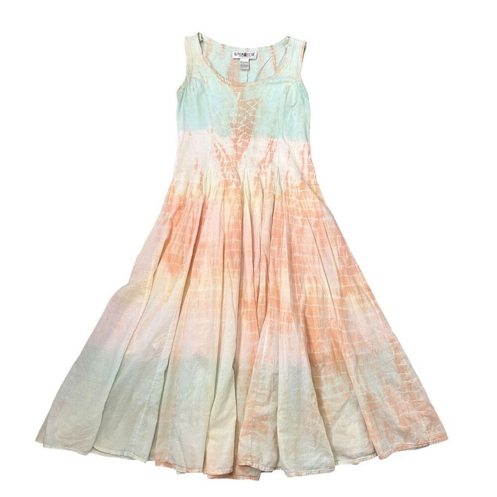 The Pyramid Collection Dress Vintage Small Peach Green Cotton Tie Dye Ombre Midi - Picture 2 of 16